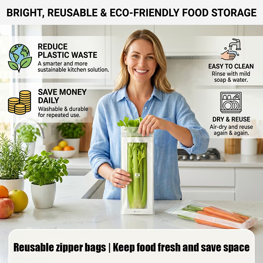 🥬 50/100PCS Reusable Long Food Storage Bags, Double-Zip Seal Freshness Bags for Kitchen