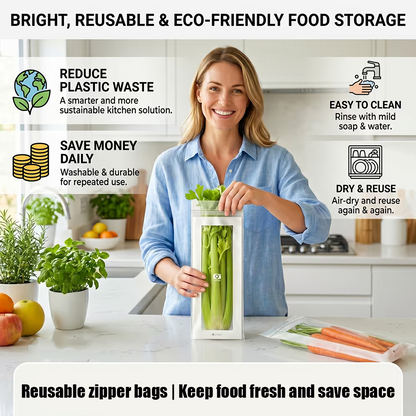 🥬 50/100PCS Reusable Long Food Storage Bags, Double-Zip Seal Freshness Bags for Kitchen