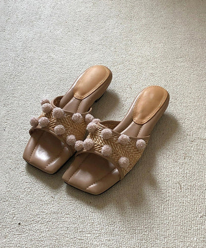 Apricot Fuzzy Ball DDecorated Splicing Wedge Slide Sandals Peep Toe