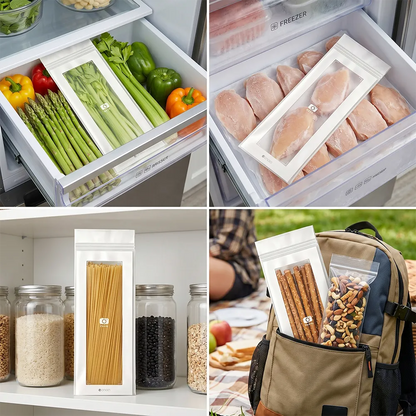 🥬 50/100PCS Reusable Long Food Storage Bags, Double-Zip Seal Freshness Bags for Kitchen