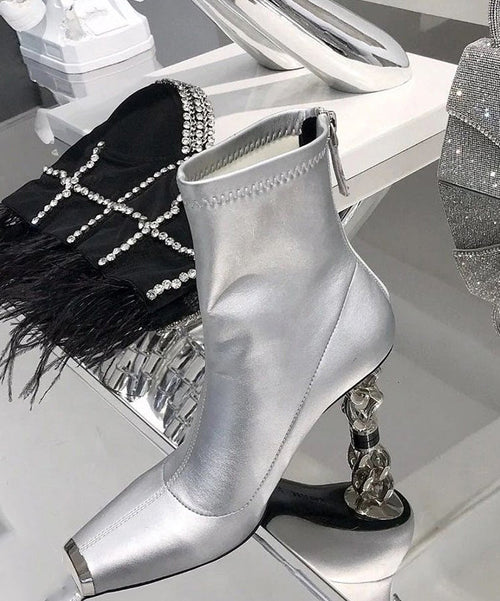 New Versatile Silver Zipper Metal Heterotypic High Heel Boots