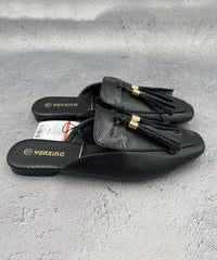 French Apricot Tassel Faux Leather Slide Sandals