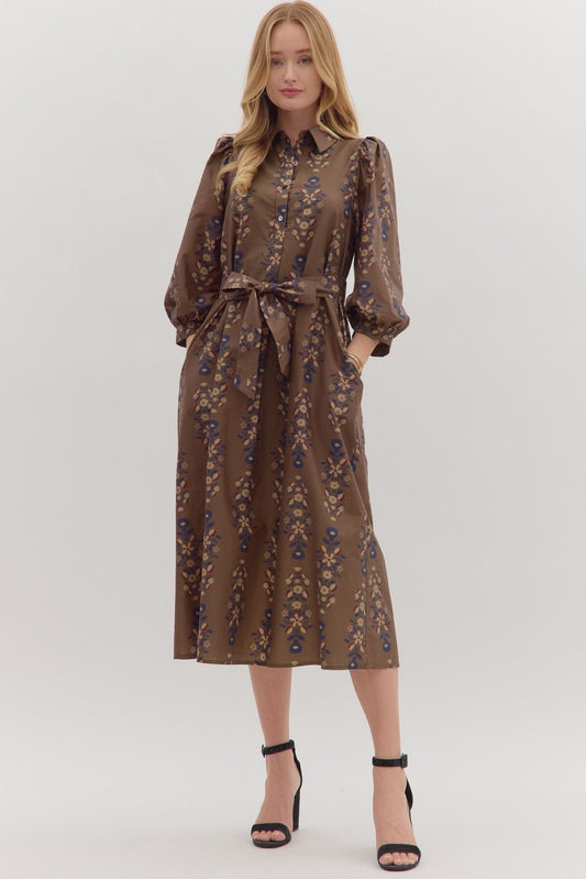 Cecily Botanical Puff Sleeve Midi Dress