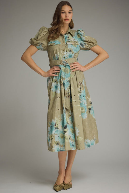 Emery Floral Eyelet Midi Shirt Dress