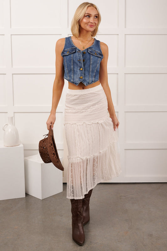 Lacy Daze Tiered Lace Midi Skirt (Off White)