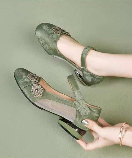 Green Satin Breathable Mesh Splicing Buckle Strap Sandals