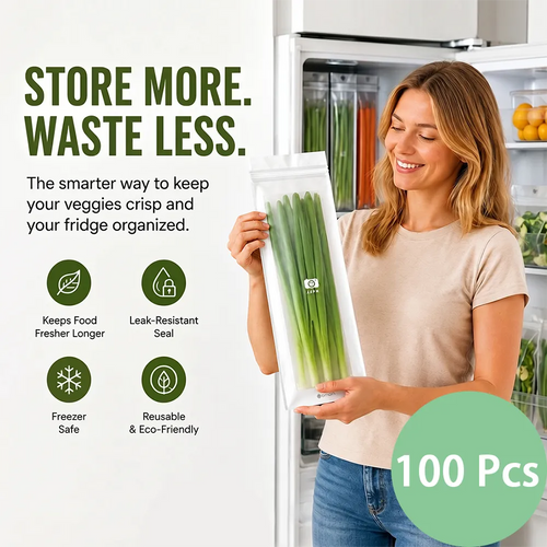 🥬 50/100PCS Reusable Long Food Storage Bags, Double-Zip Seal Freshness Bags for Kitchen
