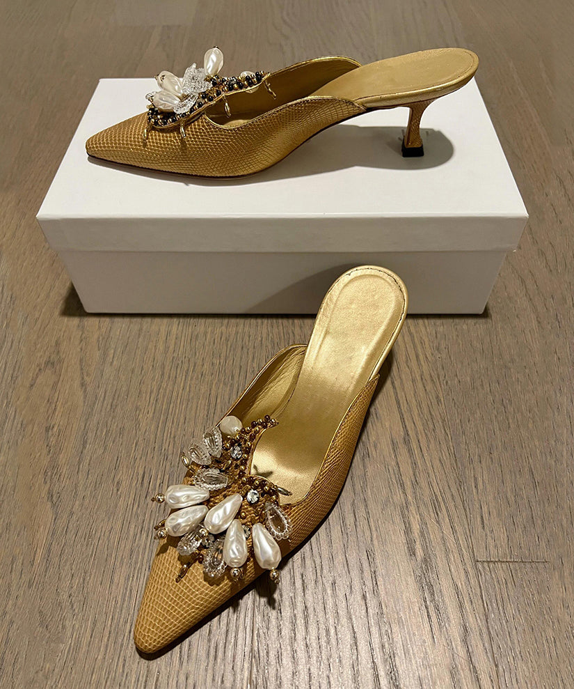 Golden Slide Sandals New French Pointed Toe Bead Decorated