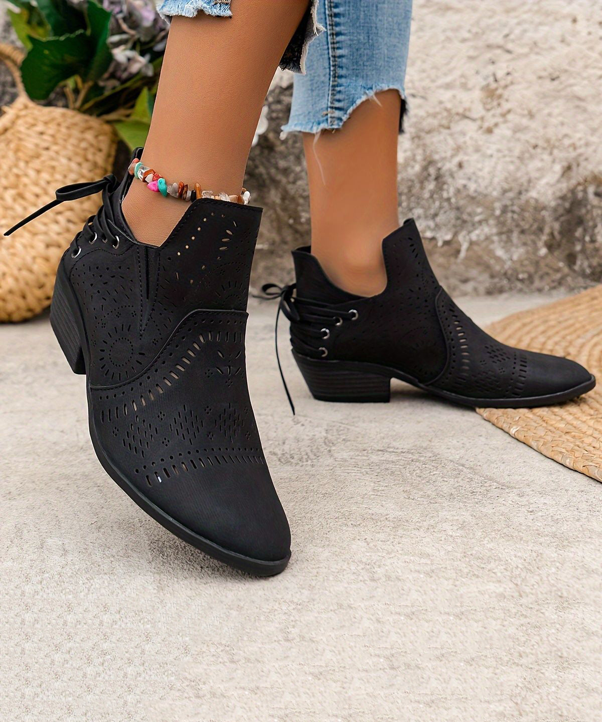 Brown Boots Chunky Faux Leather Solid Hollow Out Ankle Boots