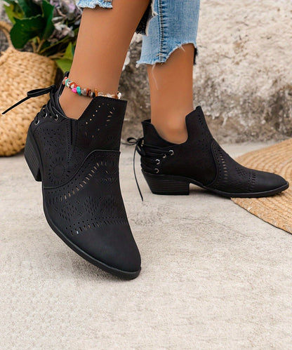 Brown Boots Chunky Faux Leather Solid Hollow Out Ankle Boots