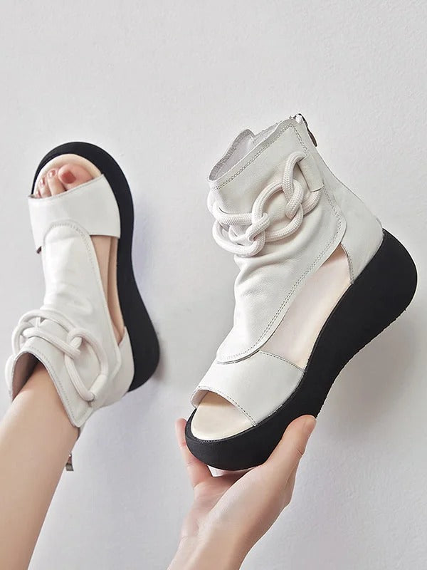 Casual Solid Color Hollow Out Fish Mouth Zip-up Platform Shoes