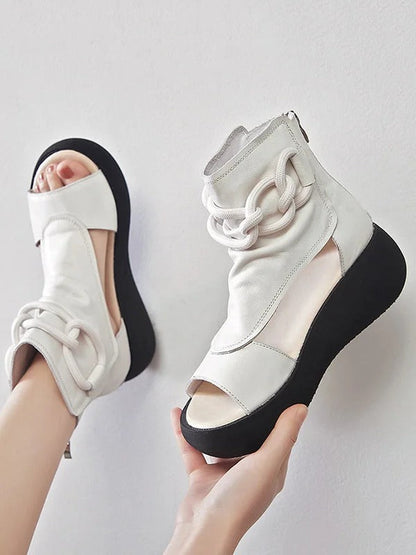 Casual Solid Color Hollow Out Fish Mouth Zip-up Platform Shoes