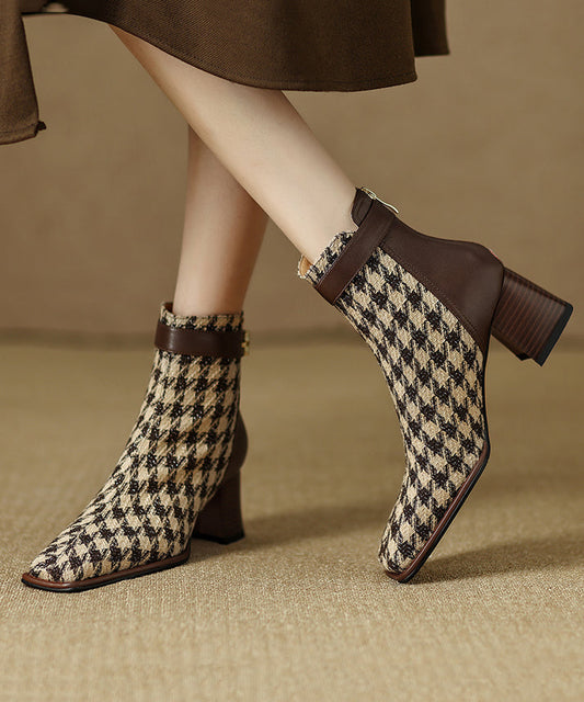 Cowhide Leather French Brown Plaid Splicing Chunky Boots