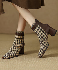 Cowhide Leather French Brown Plaid Splicing Chunky Boots