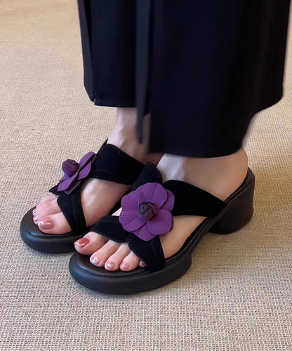 Black Floral Splicing Chunky Slide Sandals Peep Toe