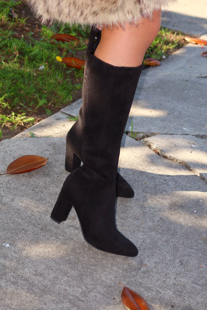 Fine Time Block Heel Knee High Boots - Black Suede