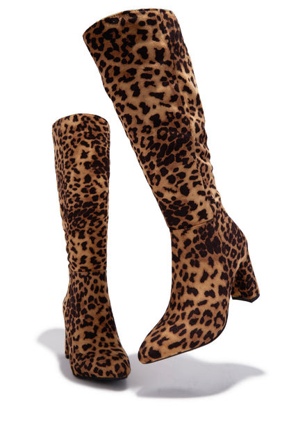 Fine Time Block Heel Knee High Boots - Leopard