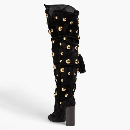 Gold Studded Tasseled Knee Boots
