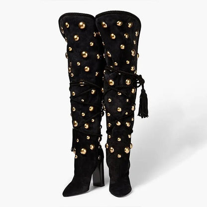 Gold Studded Tasseled Knee Boots