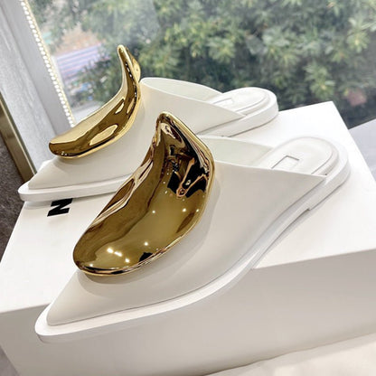Golden Metal Decor Flat Mules