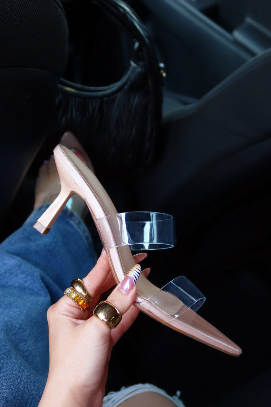 Hayley Clear Strap Mid Heel Mules - Nude