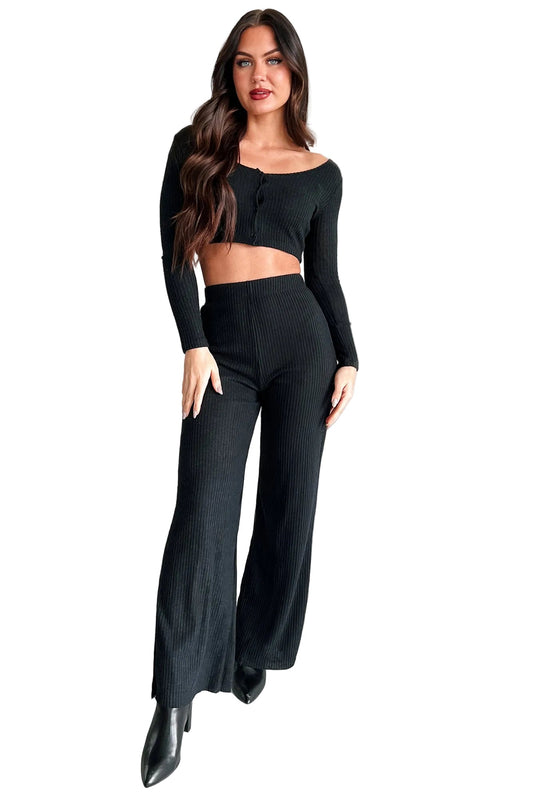 Ive Got My Eye On You Ribbed Long Sleeve Button Down Set (Black)