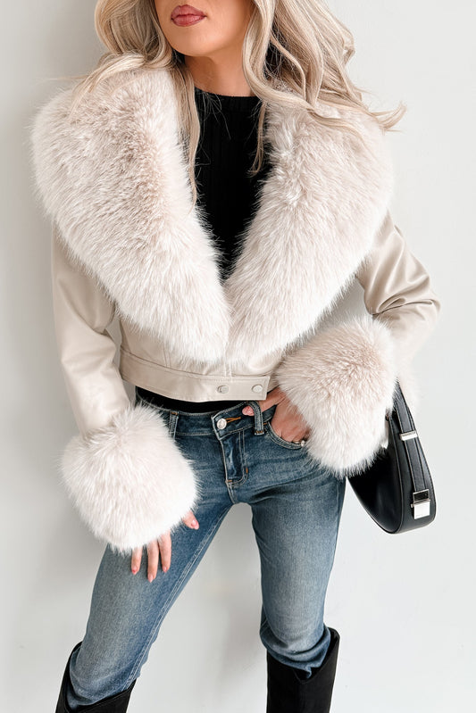 Frosted Elegance Faux Fur Trim Faux Leather Jacket (Cream)