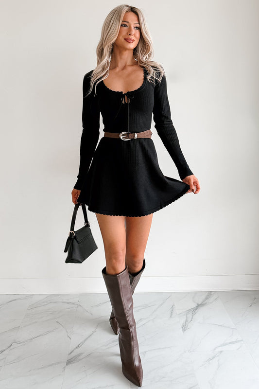 It Takes Two Long Sleeve Ribbed Mini Dress (Black)