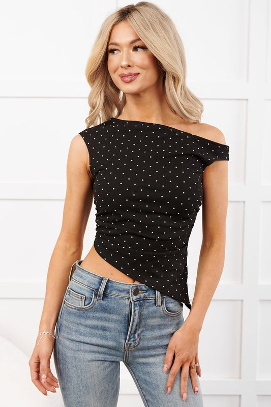 Girlish Glee One Shoulder Polka-Dot Top (Black/Ivory)