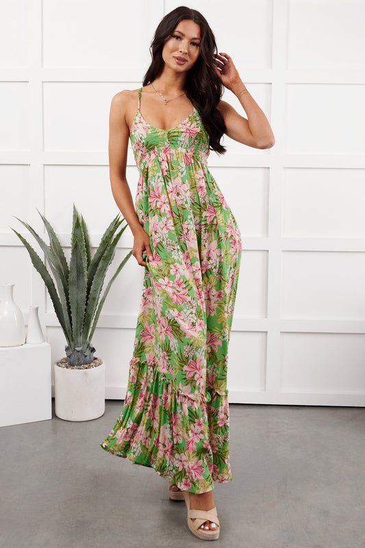 Kissed Soft Sleeveless Floral Maxi Dress (Green/Coral)