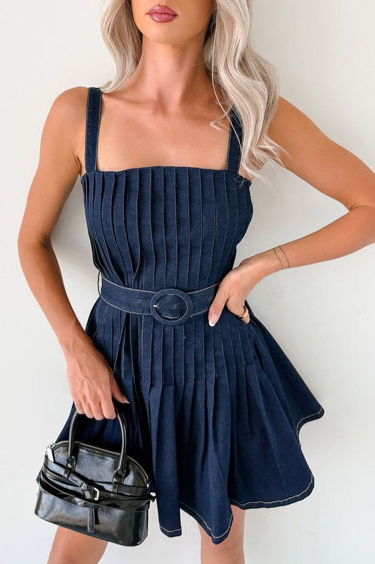 Hustle In Heels Pleated Sleeveless Mini Dress (Denim)
