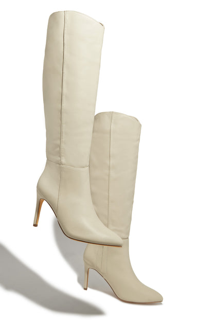 Portia Knee High Heel Boots - Bone