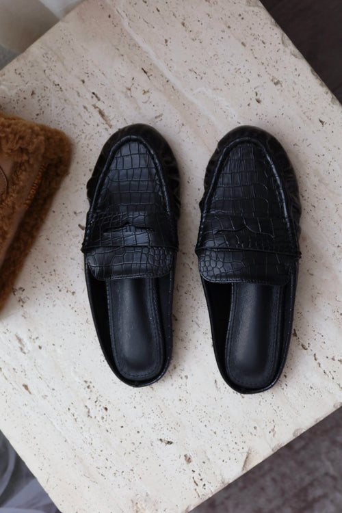 Julia Slip On Loafer Flats - Black Croc