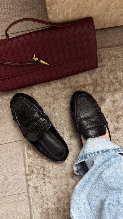 Julia Slip On Loafer Flats - Black Croc
