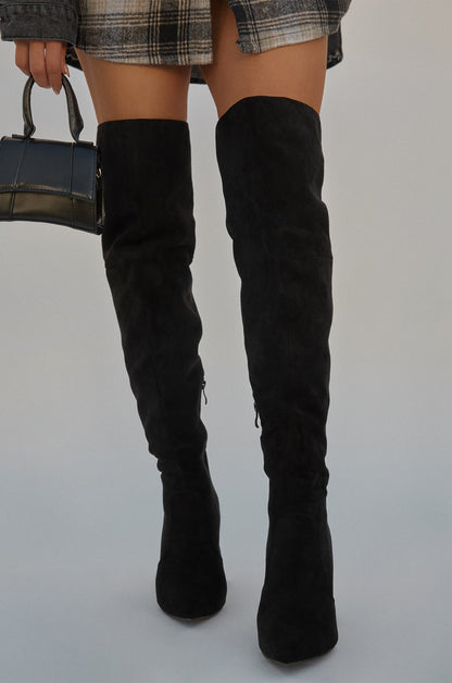Kenedi Triangle Block Heels Boots - Black Suede
