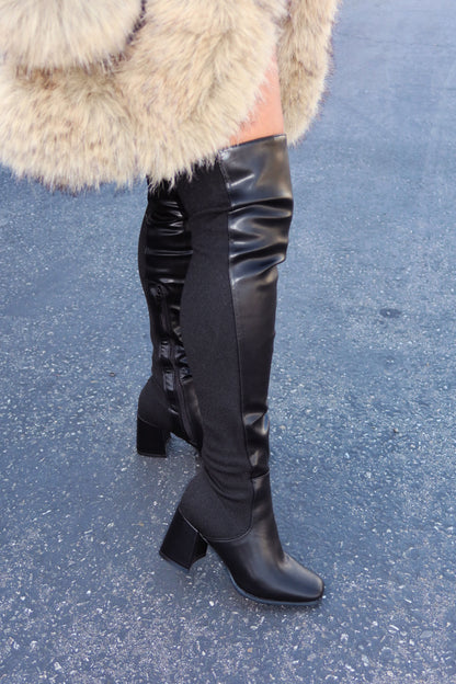 Mandy Block Heel Over The Knee Boots - Black PU