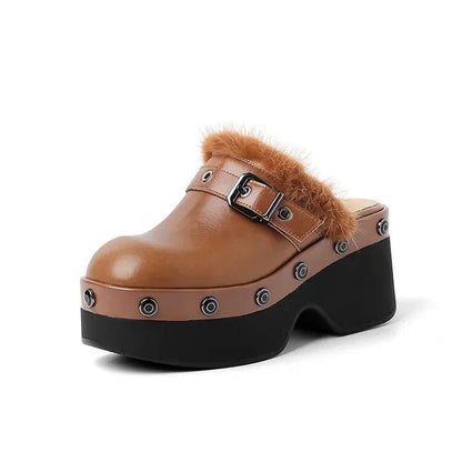 Metal Buckle Rivets Platform Mule