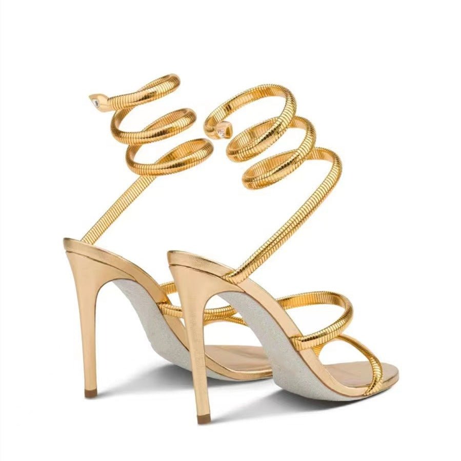 Metallic Winding Snake Stiletto Sandals