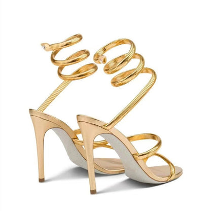 Metallic Winding Snake Stiletto Sandals