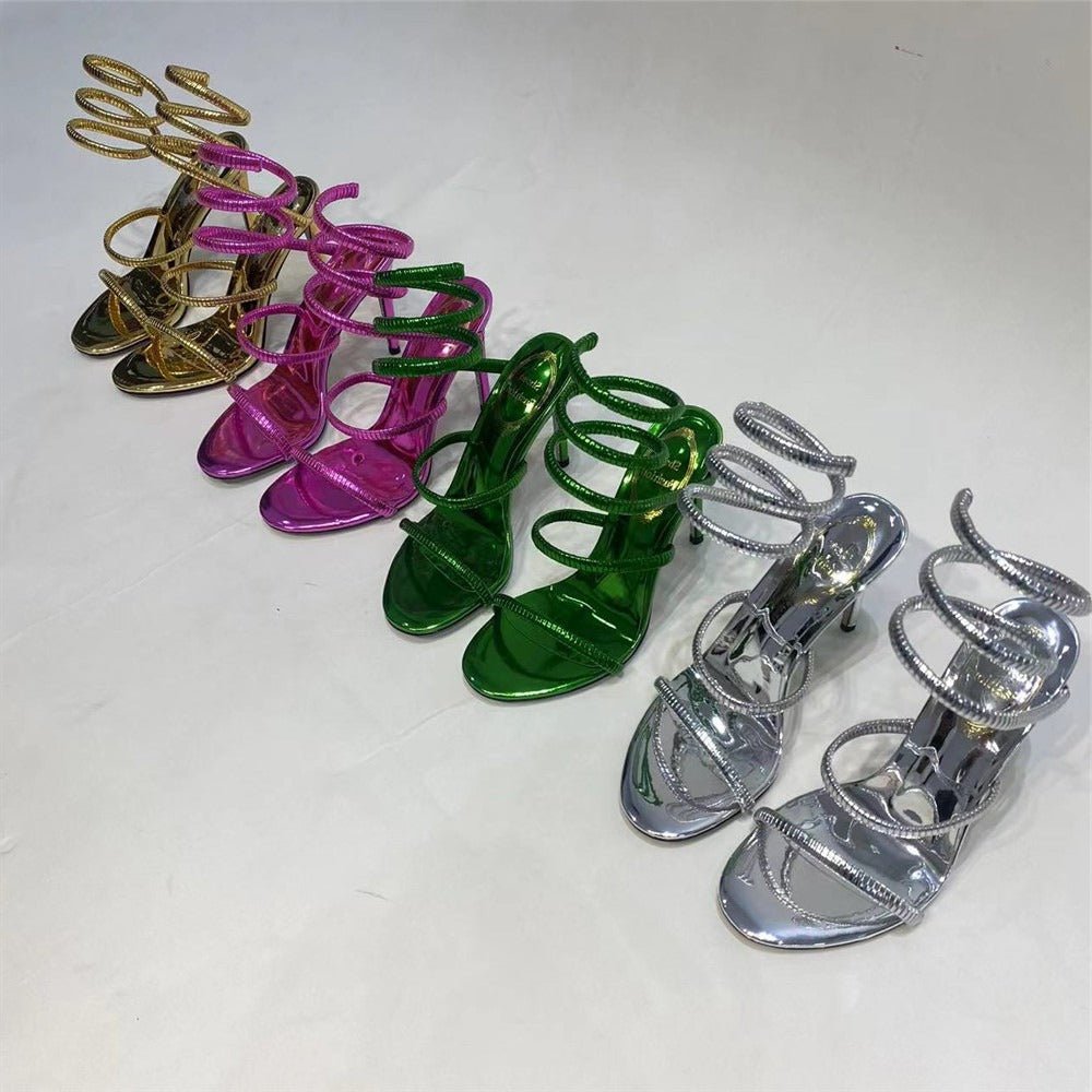 Metallic Winding Snake Stiletto Sandals