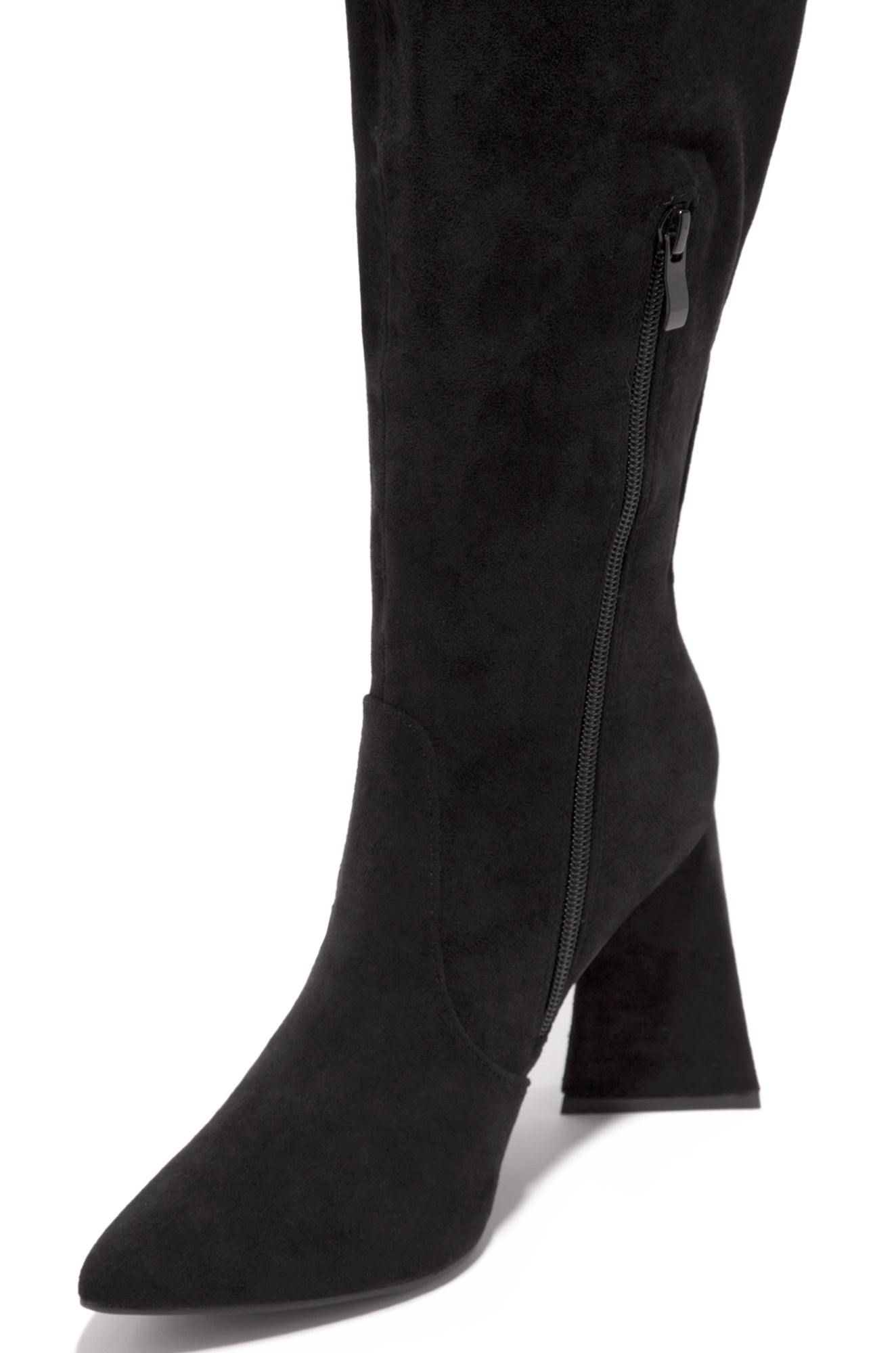 Kenedi Triangle Block Heels Boots - Black Suede