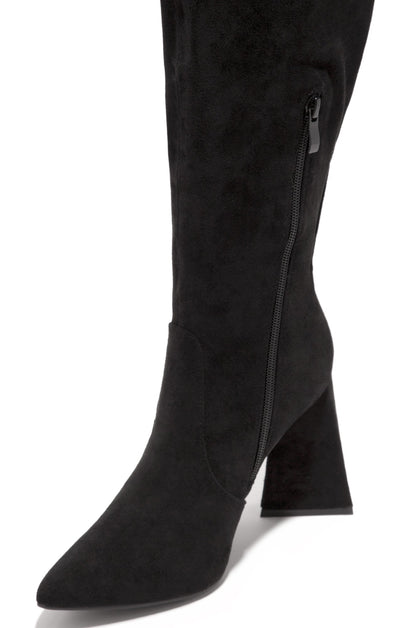 Kenedi Triangle Block Heels Boots - Black Suede