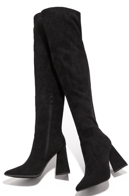 Kenedi Triangle Block Heels Boots - Black Suede