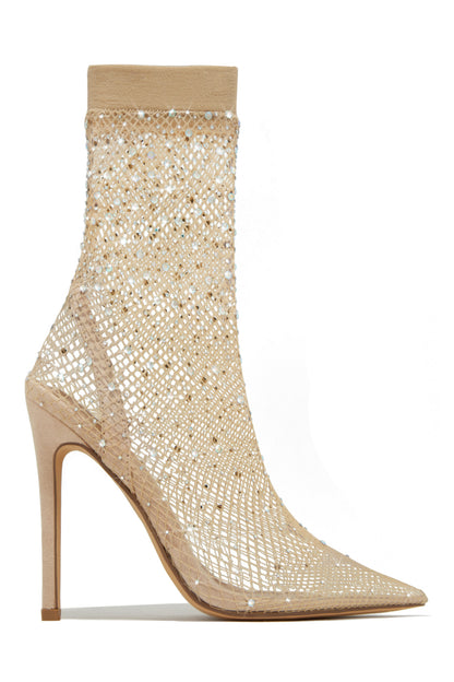 Aliza Embellished Fishnet Ankle Boots - Nude