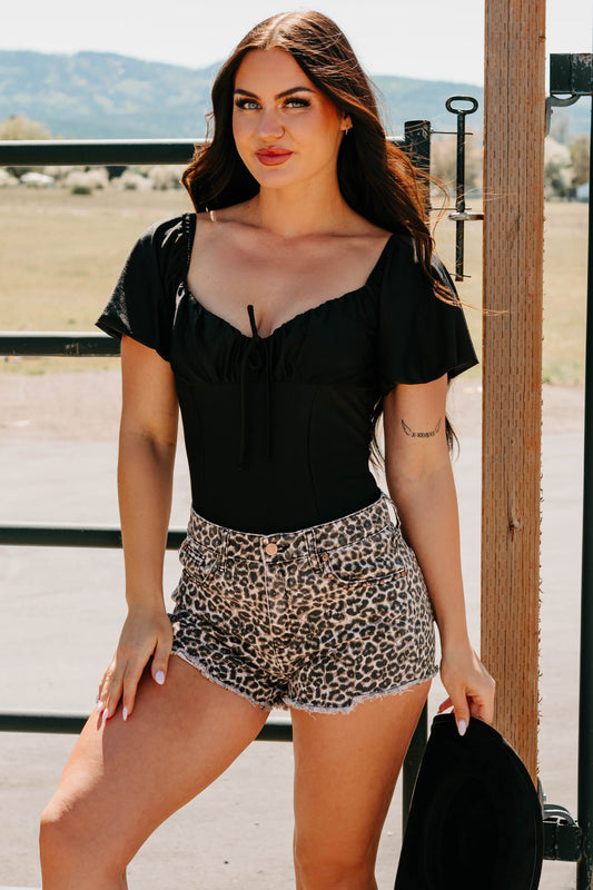 Humming Along Puff Sleeve Scoop Neck Bodysuit (Black)