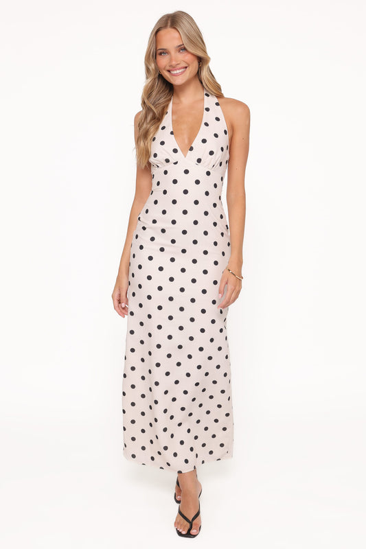 Adora Halterneck Maxi Dress - White Polka Dot