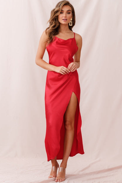 Hey Girl Long Satin Cowl Neck Dress Red