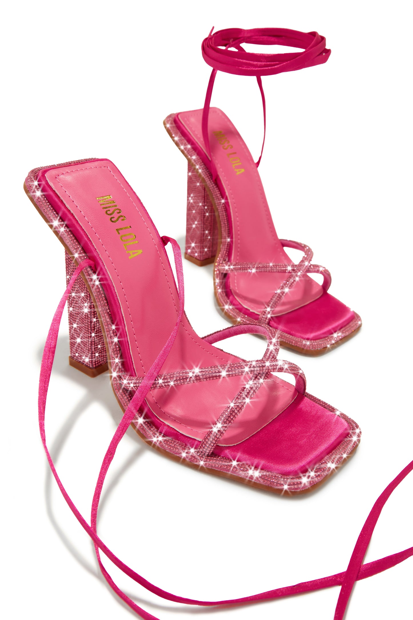 Crystal Embellished Lace Up High Heels - Pink