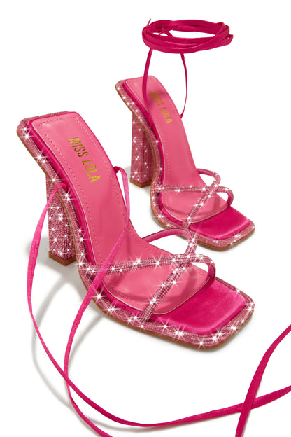 Crystal Embellished Lace Up High Heels - Pink