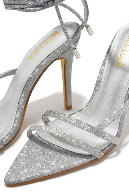 Kimana Glitter Lace Up Heels - Silver